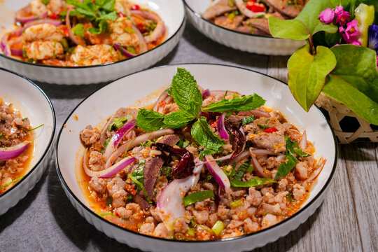 assorted thai food in flat lay composition