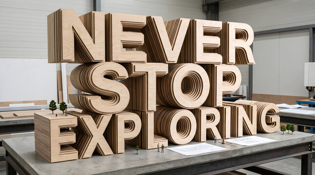 Never Stop Exploring Plywood Contour Text