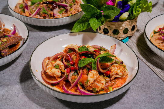 assorted thai food in flat lay composition