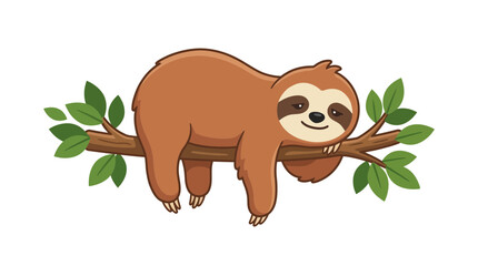 Obraz premium Cute Cartoon Sloth Sleeping on a Tree Branch with Green Leaves Isolated on White Background