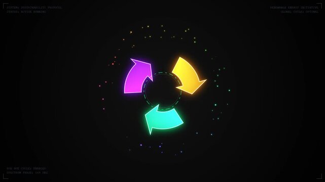 A high-quality 4K animation featuring a sleek, futuristic recycle logo. The three arrows rotate smoothly while their neon colors continuously shift through the RGB spectrum.