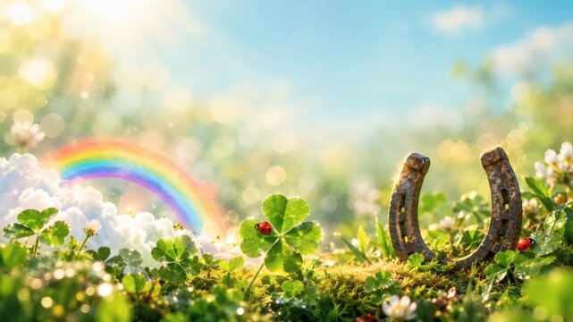 Luck's Embrace: A radiant horseshoe rests amidst vibrant clover and delicate blossoms, under a sky graced by a gentle rainbow, symbolizing good fortune and spring's renewal.
