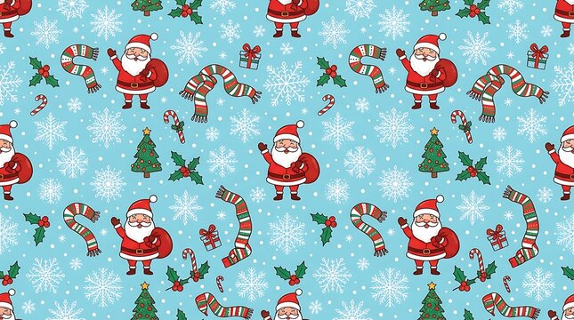 Cute Santa Claus and Christmas elements repeating pattern on blue background.