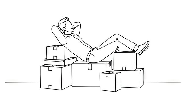 Line drawing of a man relaxing on moving boxes.