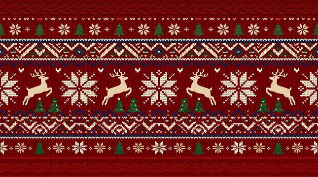 Red christmas sweater pattern with deer and snowflakes for winter.