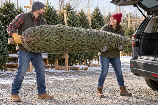 Workers loading netted Christmas tree into vehicle