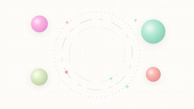 Minimalist 3D pastel spheres and circular HUD target animation with rotating dotted rings, clean abstract motion graphic on light grid background