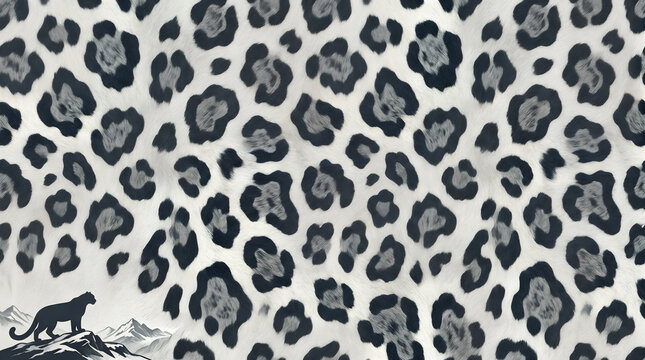 Close up of snow leopard fur pattern with dark rosettes on white background
