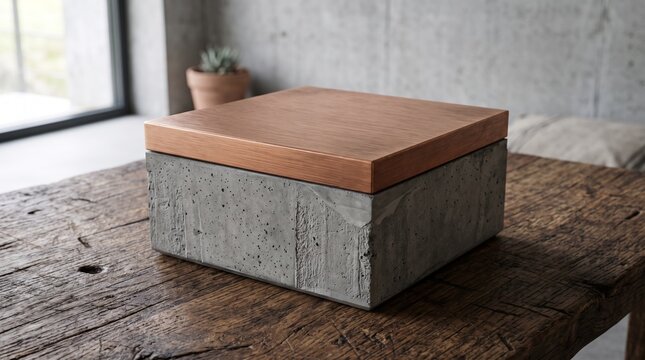 Minimalist square box with concrete base and wooden lid on rustic