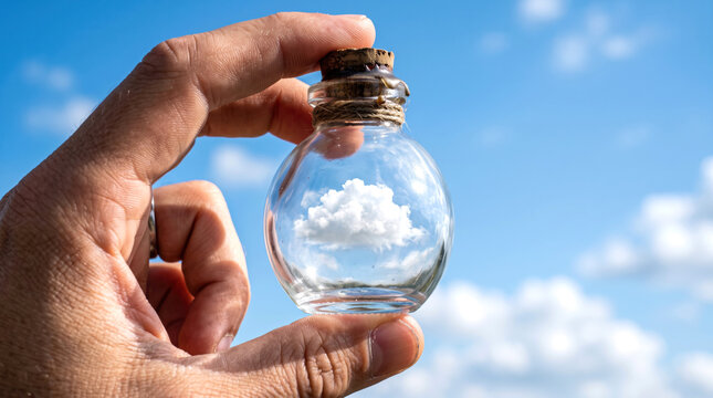 Hand Holding Glass Bottle with Small Cloud Inside Against Blue Sky