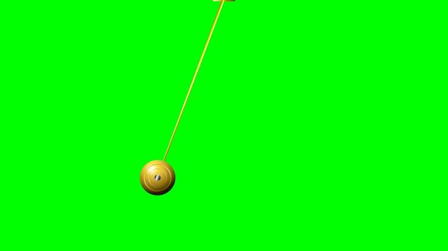 Golden pendulum swinging animation on green screen background, 3D metallic hypnosis brass bob weight swinging motion graphic for chroma key compositing