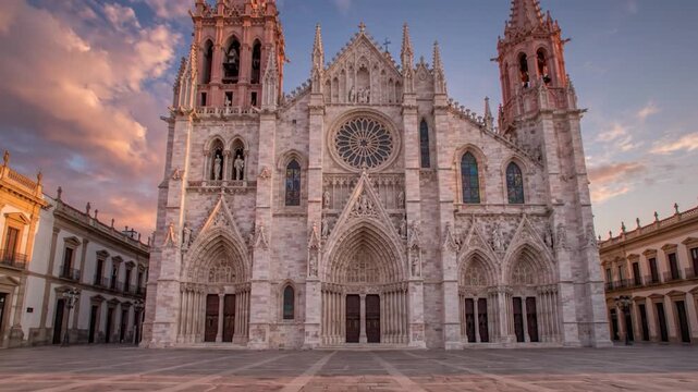 Le&oacute;n Guanajuato Mexico historic downtown and cathedral architecture at golden hour, warm stone facades and authentic Mexican urban travel scenery