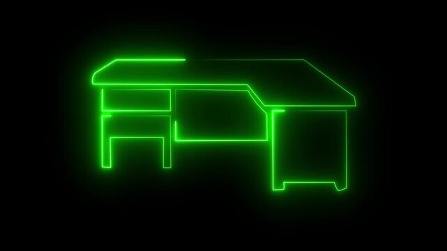 Green neon office desk icon on dark background, glowing workplace table furniture symbol.