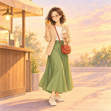 Happy Young Asian Woman Holding Snacks and a Drink After Work