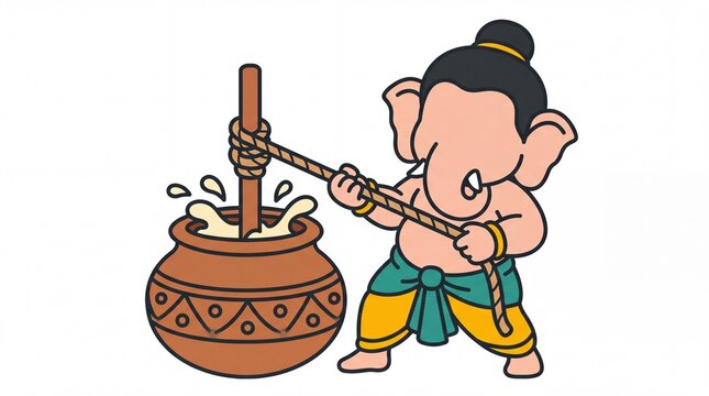 Ganesha vektor character mascot churning fresh butter in a clay pot