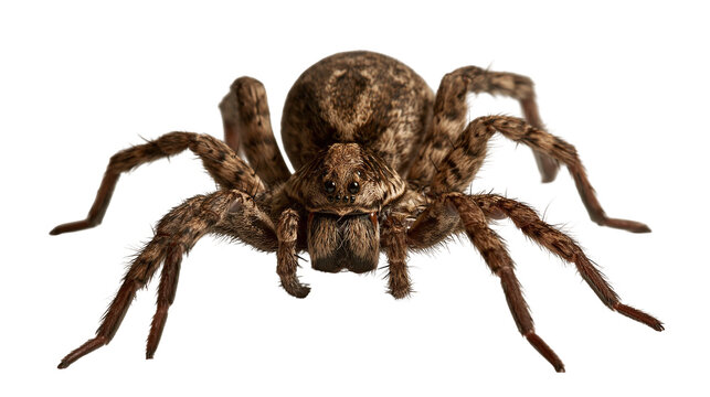 Large hairy brown wolf spider with eight legs and multiple eyes