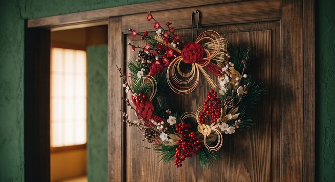 Japanese New Year wreath with red flowers, mizuhiki cord and straw hanging on dark wooden door
