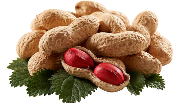 Heap of raw peanuts in shells with one open pod revealing red skinned kernels