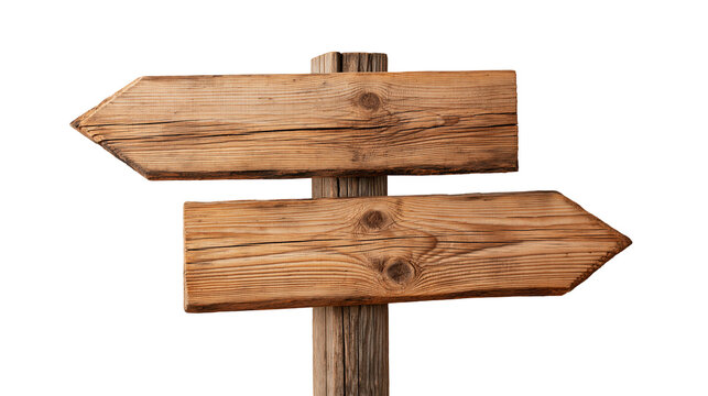 Weathered wooden directional signpost with two blank arrow shaped boards