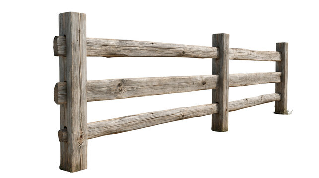 Weathered rustic wooden post and rail fence with three horizontal planks