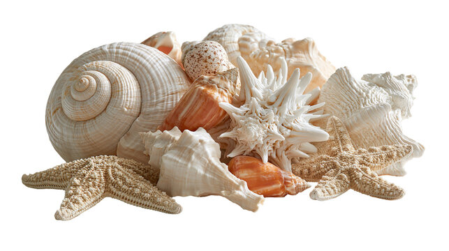 Collection of various sea shells and starfish with textured surfaces