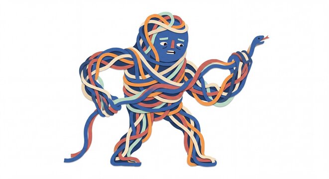 Stressed Character Tangled in Colorful Ribbons and Snake Illustration