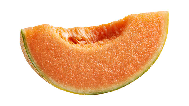 Fresh ripe cantaloupe melon slice with orange juicy flesh and textured rind