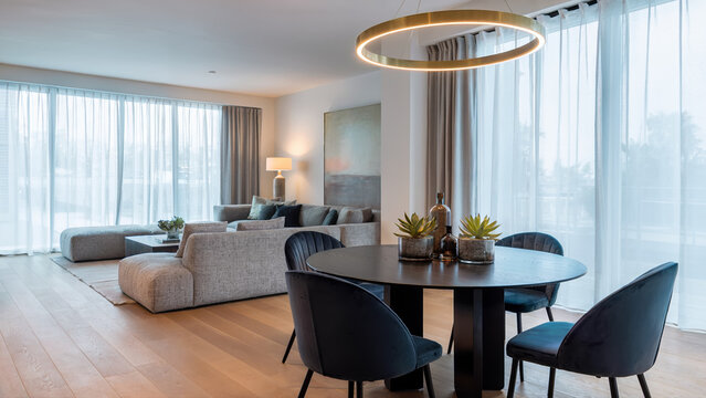 Modern apartment living and dining room with gray sofa and black table