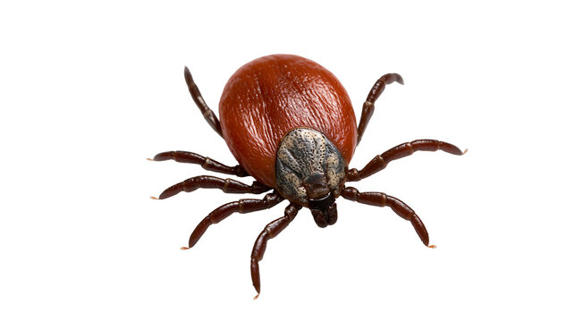 Engorged brown castor bean tick with eight legs and textured body