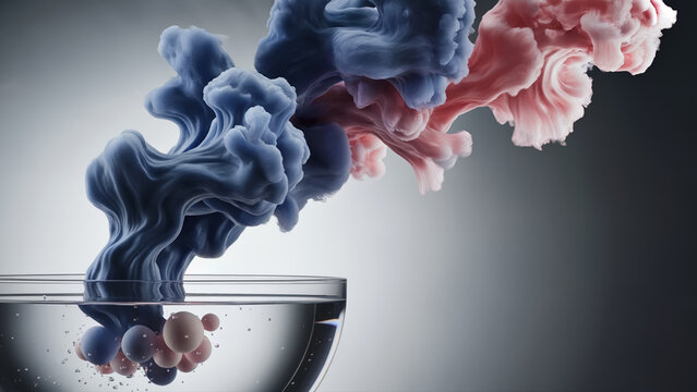 Blue and pink ink clouds spreading in clear water for abstract background