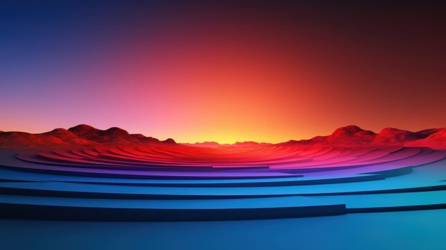 Vibrant Sunset Over Abstract Landscape - A Colorful Horizon and Wavy Terrain.