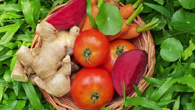 Ginger, beetroot, carrots, tomatoes, and centella leaves in the basket.