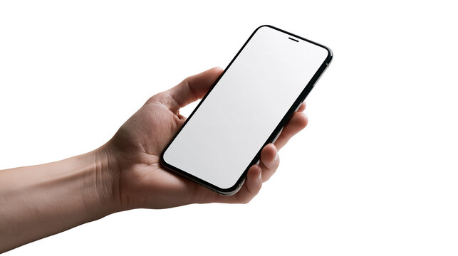 Hand holding a modern smartphone with a blank white screen