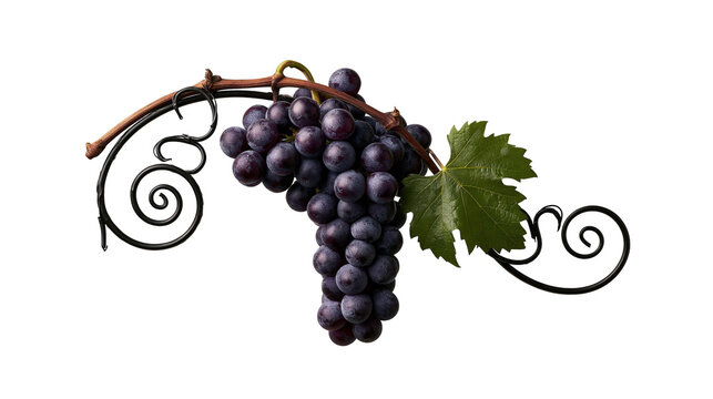 Fresh dark purple grapes bunch with green leaf on decorative black metal scroll