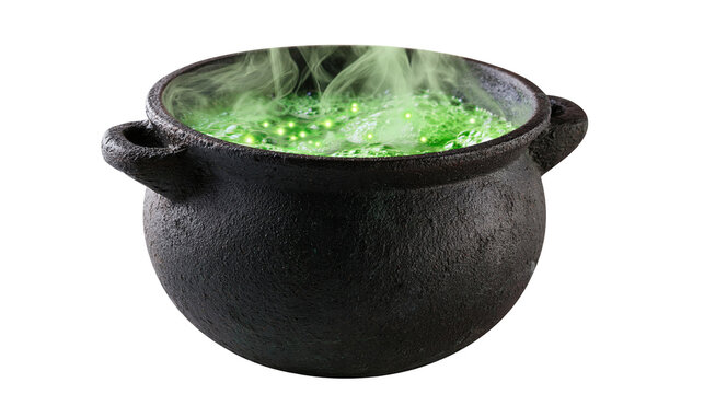 Black cast iron cauldron filled with bubbling glowing green magic potion