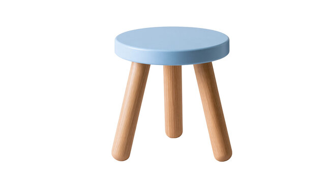 Small round light blue wooden stool with three cylindrical legs