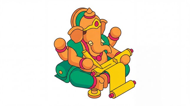 Isometric lord ganesha vektor writing on a scroll illustration