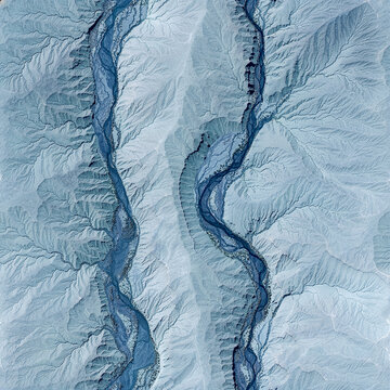 Aerial Satellite Texture of Twin Parallel River Valleys, Grey Blue Shale Terrain
