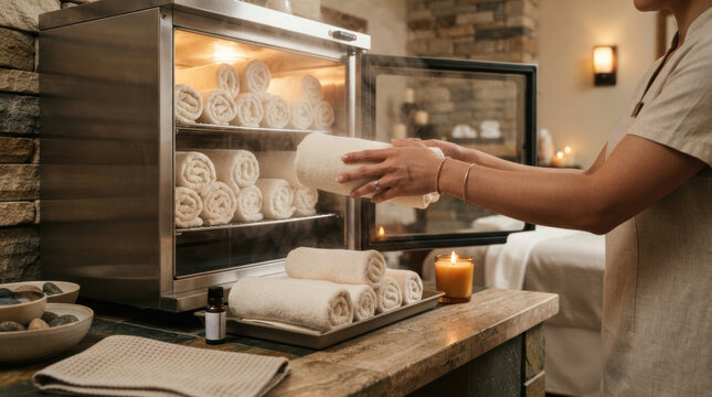 spa hot towel cabinet loading Person placing rolled towels into a sterilizing cabinet in a spa setting