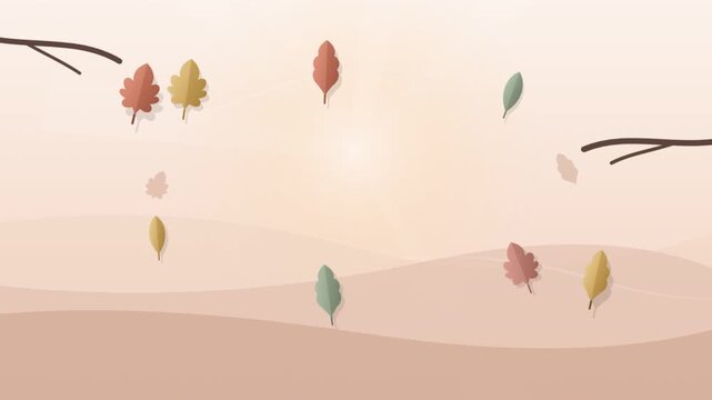 Autumn landscape background animation with falling oak leaves and tree branches, soft wavy hills autumn motion graphic for Thanksgiving and seasonal web banner