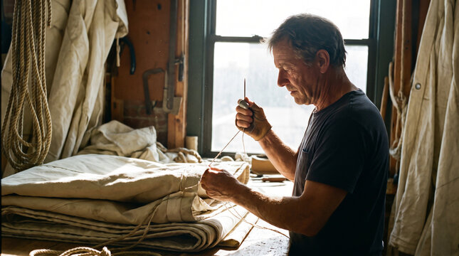 Experienced Sailmaker Meticulously Stitching Canvas Sail in Sunlit Workshop