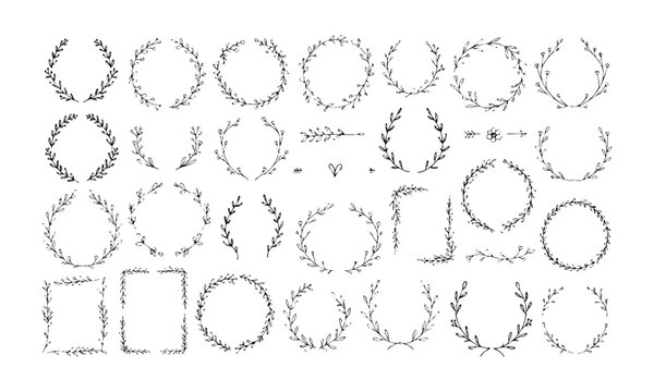 Elegant Leaf Wreath and Botanical Frame Line Art.
