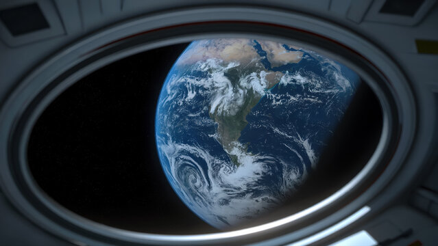 Planet Earth viewed through space station window for orbit travel and cosmic exploration concept