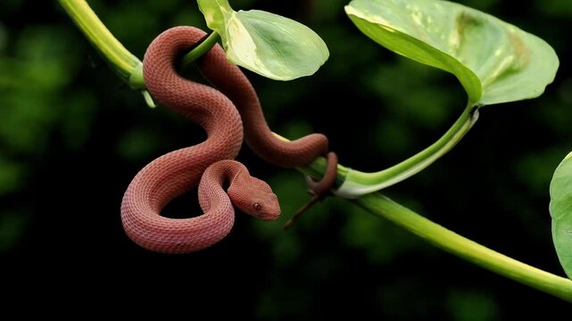 Mangrove pit viper (Trimeresurus purpureomaculatus) displaying striking reddish-orange coloration and strongly keeled scales, native to coastal regions of Southeast Asia.