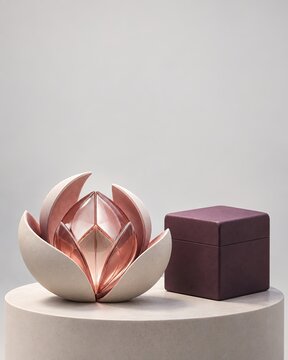 Unfolded Form beside a Plum Cube