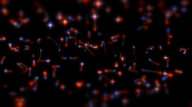 Abstract quantum particle motion with bright glowing trails and soft blur effect on black background, science technology background for physics and computing video 