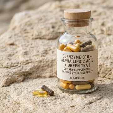 Coenzyme Q10 Supplement Bottle with Alpha Lipoic Acid and Green Tea Capsules Immune Support