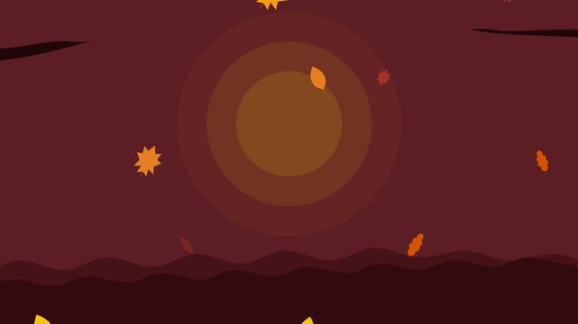 Autumn dark maroon sunset background animation with falling leaves and concentric sun, autumn landscape motion graphic with wavy hills and branches for Thanksgiving web banner