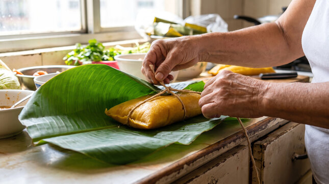 Hands Tying Banana Leaf Wrapped Tamale with Twine in Kitchen Setting