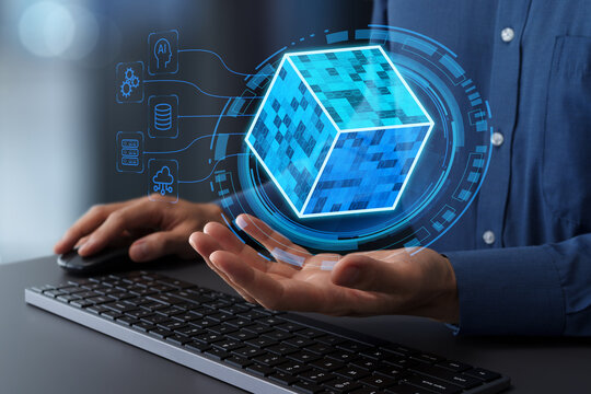 Data integration and governance for secure and high-quality data management. Data curation for reliable AI applications. Businessperson holding data cube hologram.